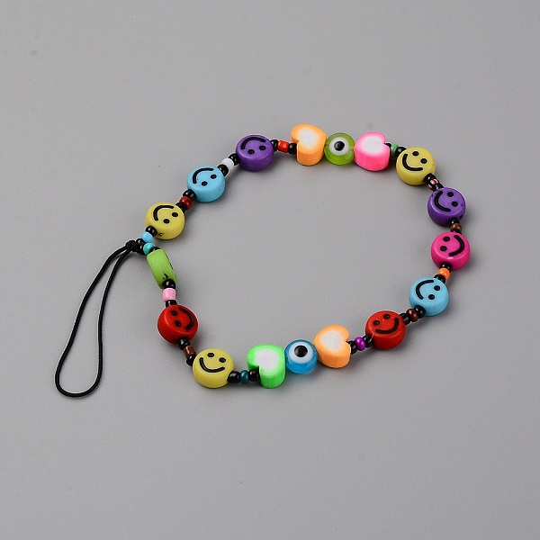 

PandaHall Acrylic Smile Face Beaded Mobile Straps, with Polymer Clay Beads, Mixed Color, 16.5cm Acrylic Multicolor