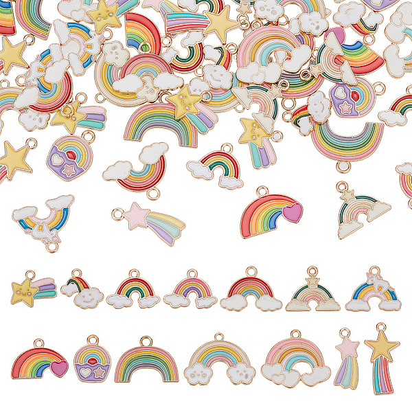 

PandaHall ARRICRAFT 56pcs 14 styles Alloy Enamel Pendants, Light Gold, Rainbow, Mixed Color, 14~23.5x9~32x1~2mm, Hole: 1.4~2mm, 4pcs/style..., Multicolor