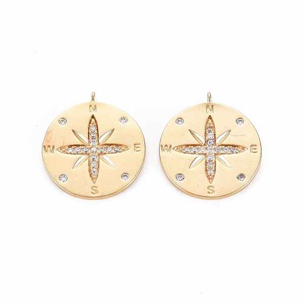 

PandaHall Brass Micro Pave Clear Cubic Zirconia Pendants, Nickel Free, Flat Round with Compass, Real 18K Gold Plated, 20x17.5x1mm, Hole...