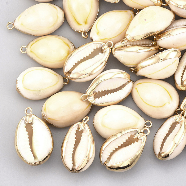 

PandaHall Cowrie Shell Pendants, with Metal Findings, Natural Color, Golden, 23~27x15~17x10~12mm, Hole: 1.5mm Cowrie Shell Shell Shape