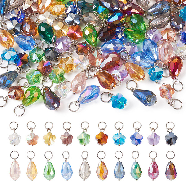 

PandaHall 120Pcs 20 Style Electroplate Glass Pendant, Faceted Teardrop & Flower Charms, with Brass Ball Head Pins and 304 Stainless Steel..., Multicolor