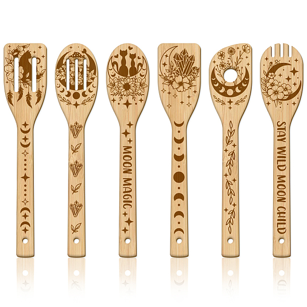 

PandaHall GLOBLELAND 6Pcs Moon Flower Bamboo Cooking Utensils Wooden Engraved Cooking Spoons Set Carving Kitchen Bamboo Spatula Set Wood..., Orange