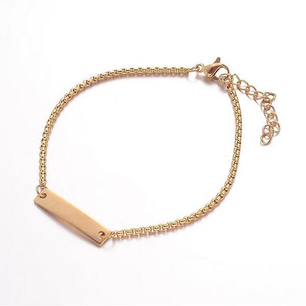 

PandaHall 304 Stainless Steel ID Bracelets, Rectangle, with Box Chains and Lobster Clasps, Golden, 7-1/4 inch(185mm), 2mm 304 Stainless...