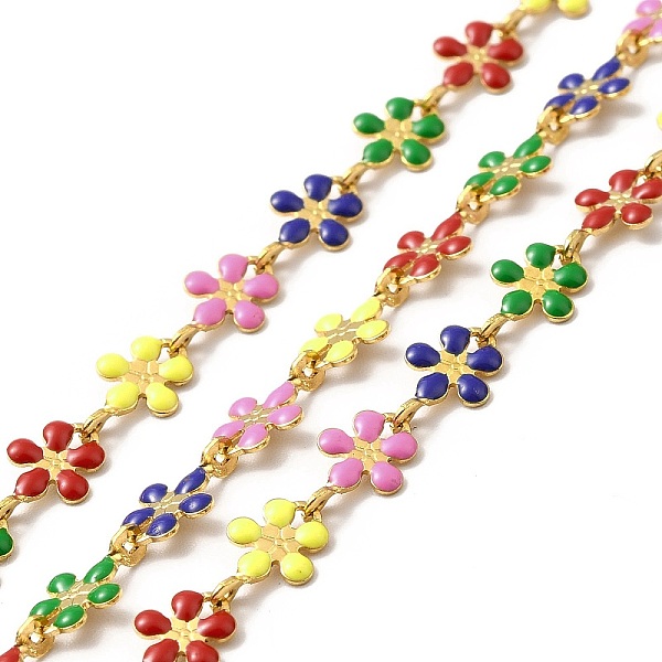 

PandaHall Ion Plating(IP) Handmade 316 Surgical Stainless Steel Enamel Link Chains, Soldered, Real 18K Gold Plated, with Spool, Flower..., Multicolor