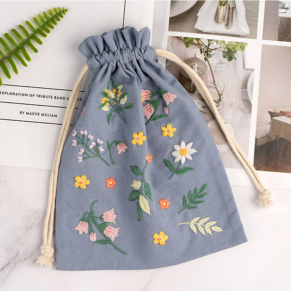 

PandaHall Flower Pattern DIY Drawstring Bag Embroidery Kit, including Embroidery Needles & Thread, Cotton Fabric, Light Steel Blue...