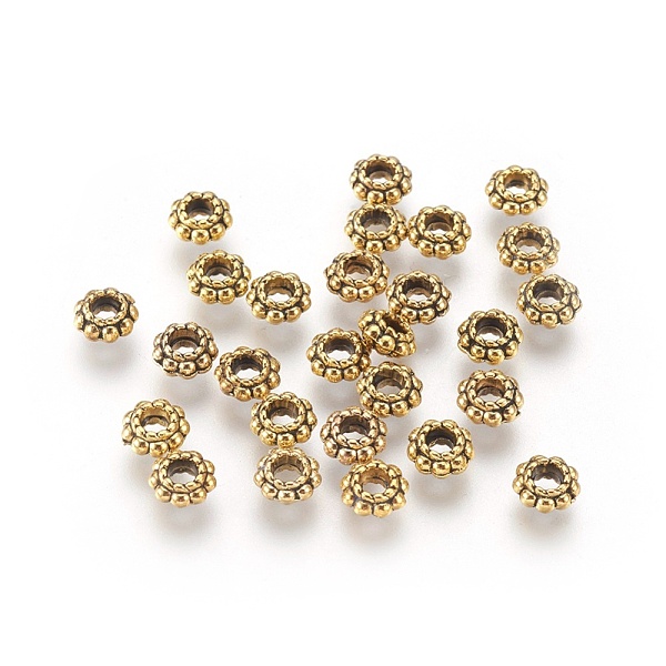 PandaHall Tibetan Style Alloy Spacer Beads, Lead Free & Cadmium Free, Flower, Antique Golden, 6x3mm, Hole: 2.5mm Alloy Flower