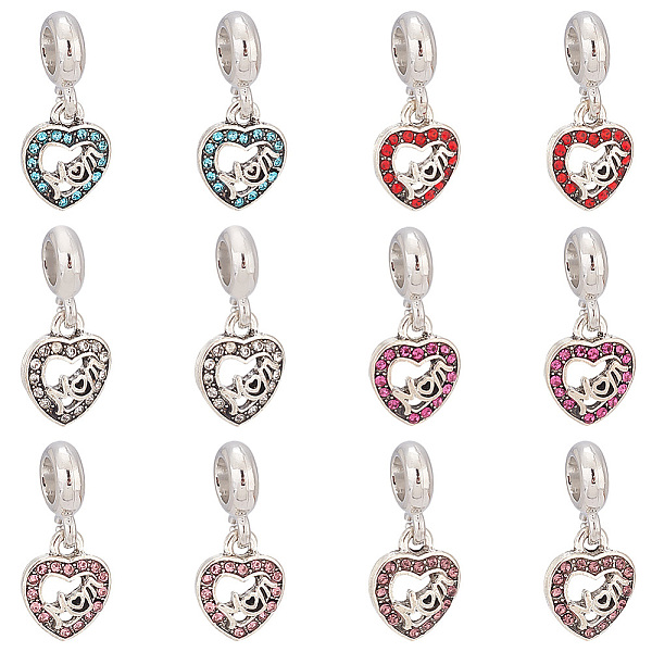 

PandaHall 12Pcs 6 Colors Mother's Day Alloy Rhinestone European Dangle Charms, Large Hole Pendants, Antique Silver, Heart with Word Mom..., Multicolor