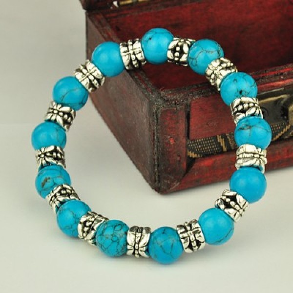

PandaHall Fashion Tibetan Style Bracelets, Stretch Bracelets, with Gemstone Beads, Synthetic Turquoise, 53mm Synthetic Turquoise Blue