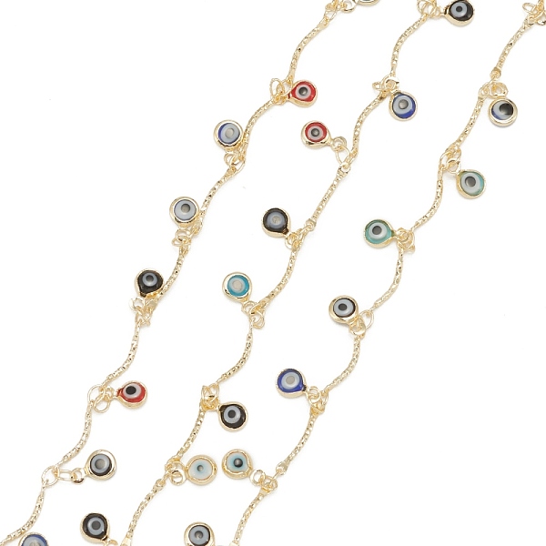 

PandaHall Handmade Brass Bar Link Chains, with Glass Charms and Spool, Soldered, Long-Lasting Plated, Evil Eye, Golden, Colorful, 13.5x2x1mm...