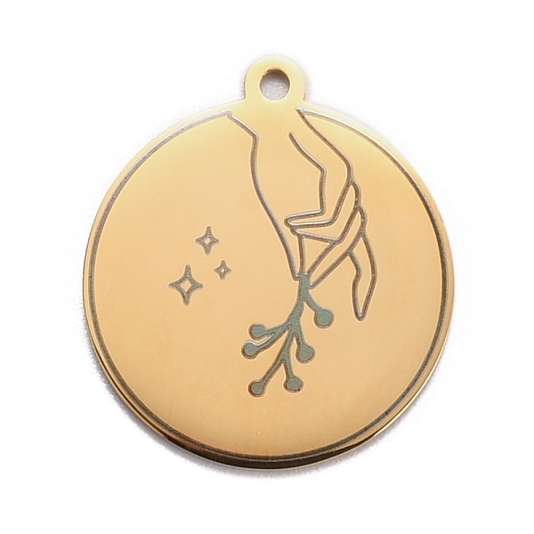 

PandaHall 304 Stainless Steel Pendants, Flat Round with Hand, Golden, 28x25x1.4mm, Hole: 2mm 304 Stainless Steel Flat Round