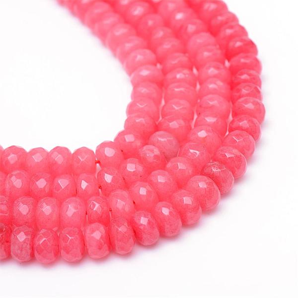 

PandaHall Natural White Jade Bead Strands, Dyed, Faceted, Rondelle, Light Coral, 4~5x3mm, Hole: 0.5mm, about 115~120pcs/strand, 13.39~13.98..., Red