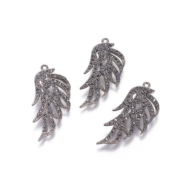 

PandaHall Brass Pendants, with Rhinestone, Feather, Gunmetal, Hematite, 37.5x18x2.5mm, Hole: 1.4mm Brass+Rhinestone Feather Black