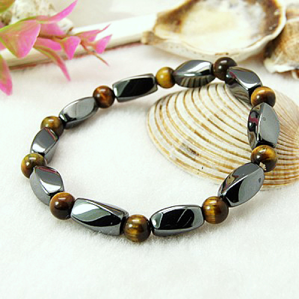 

PandaHall Round Natural Tiger Eye Stretch Bracelets, with Non-Magnetic Synthetic Hematite Beads and Elastic Cord, 50mm Tiger Eye Yellow