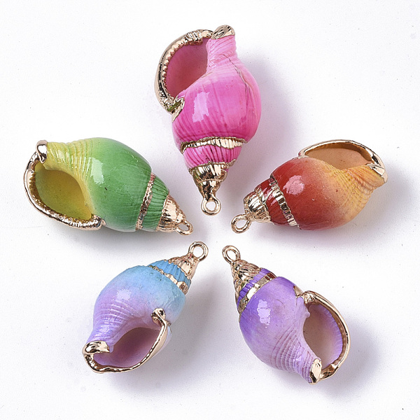 

PandaHall Spray Paint & Electroplate Spiral Shell Pendants, with Golden Tone Brass Loops, Mixed Color, 32~40x17~20x15~17mm, Hole: 1.6mm..., Multicolor
