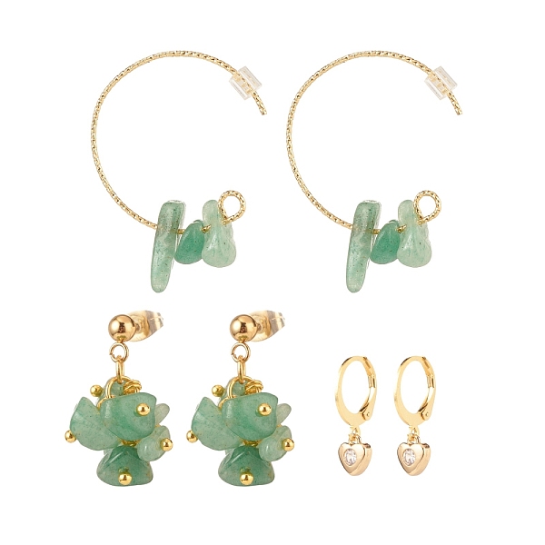 

PandaHall 3 Pairs 3 Style Natural Green Aventurine Chips Beaded Cluster Dangle Stud & Leverback Earrings, Brass Half Hoop Earrings for Women...