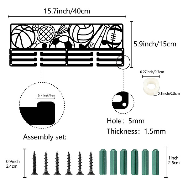 

PandaHall Fashion Iron Medal Hanger Holder Display Wall Rack, 3-Line, with Screws, Black, Ball, Sports, 150x400mm, Hole: 5mm Iron Sports...