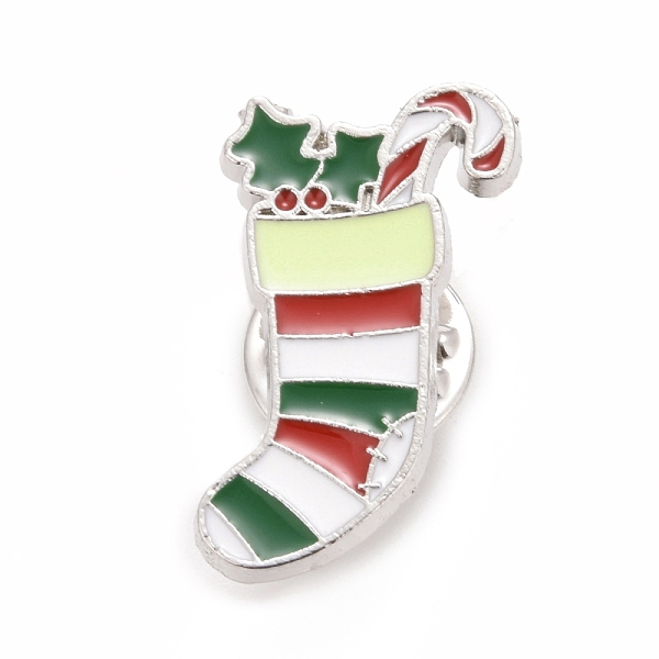 PandaHall Christmas Sock Enamel Pin, Alloy Badge for Backpack Clothes, Platinum, Colorful, 24x15x1.8mm Alloy+Enamel White