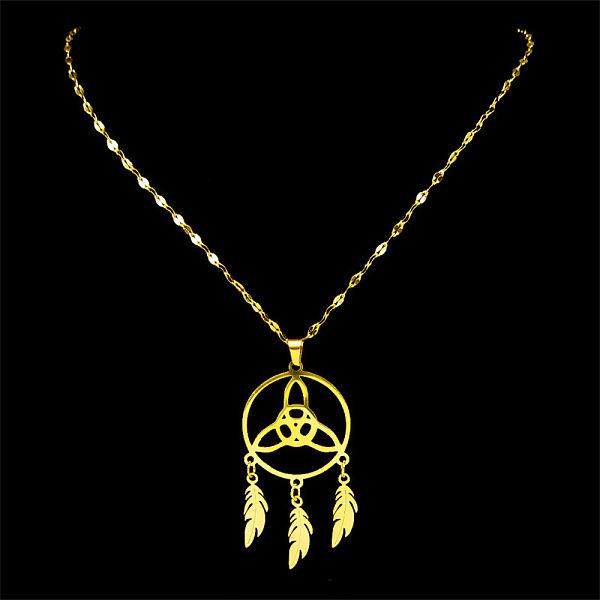 

PandaHall Triquetra/Trinity Knot with Woven Net/Web with Feather Pendant Necklaces, 304 Stainless Steel Dapped Chain Necklaces , Golden...