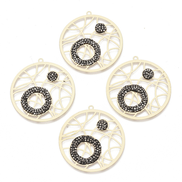 

PandaHall Brass Rhinestone Pendants, Filigree Findings, Flat Round, Jet Hematite, Golden, 48x45x3mm, Hole: 2mm Brass+Rhinestone Flat Round