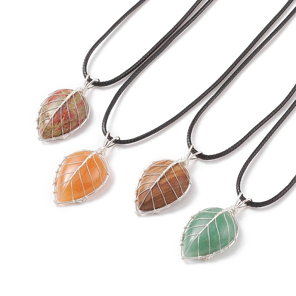 

PandaHall 4Pcs 4 Style Natural Mixed Gemstone Leaf Cage Pendant Necklaces Set with Waxed Cords for Women, 17.32 inch(44cm), 1Pc/style Mixed...