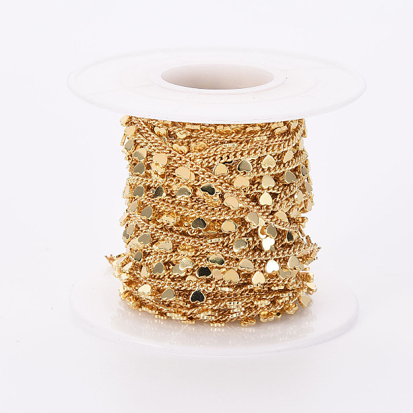 

PandaHall Handmade Brass Curb Chains, Soldered, with Spool, Heart Charms, Real 18K Gold Plated, 2x1.5x0.3mm, about 16.4 Feet(5m)/roll Brass