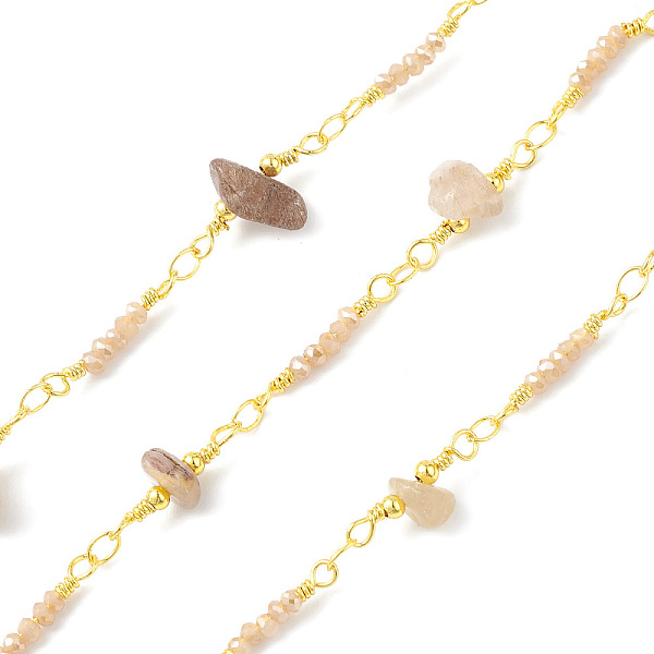 

PandaHall Brass Link Chains, with Glass & Rutilated Quartz Beads & Spool, Unwelded, Golden, 16~17x2.5~13x2.5~7mm Brass