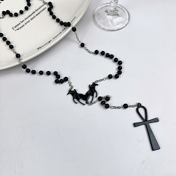 Alloy and Iron Ankh Cross Heart with Bat Wings Pendant Black Round Acrylic Rosary Bead Necklaces