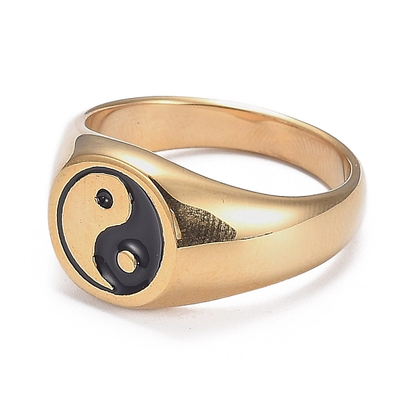 

PandaHall Ion Plating(IP) 304 Stainless Steel Finger Rings, Yin Yang Ring, with Enamel, Gossip, Real 18K Gold Plated, Size 13, Inner...