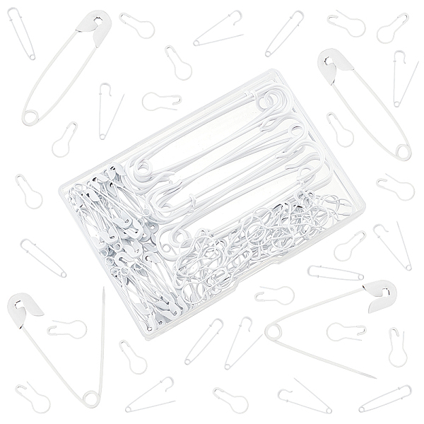 

PandaHall ARRICRAFT 110Pcs 3 Style Spray Painted Iron Safety Pins & Calabash Pins, White, 22~75x7~17x2~6mm, Hole: 4.5mm, Pin: 0.7~1.5mm Iron...