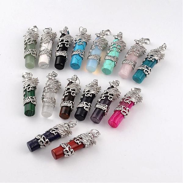 

PandaHall Column Natural & Synthetic Mixed Stone Pendants, with Platinum Tone Brass Findings, 49x16x13mm, Hole: 8x5mm Mixed Stone Column