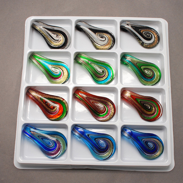 

PandaHall Handmade Gold Sand Lampwork Pendants, teardrop, Mixed Color, 57x31x15mm, Hole: 9mm, 12pcs/box Lampwork Teardrop Multicolor