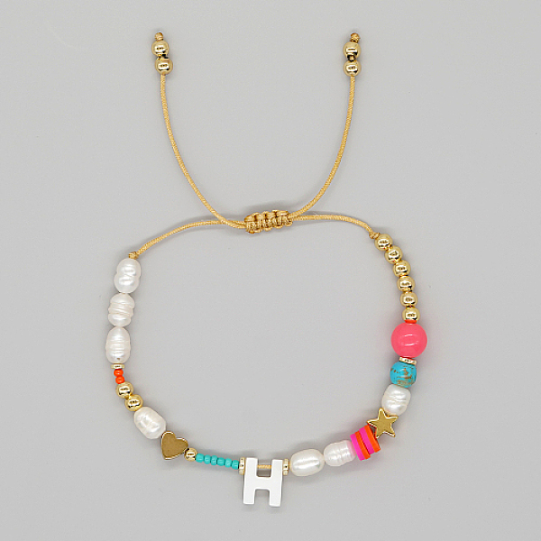 

PandaHall Initial Letter Natural Pearl Braided Bead Bracelet, Adjustable Bracelet, Letter H, 11 inch(28cm) Pearl Letter H