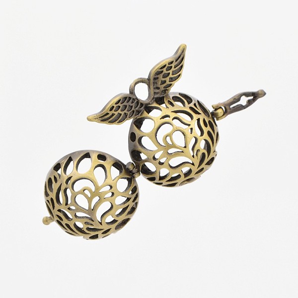 

PandaHall Vintage Filigree Wing with Round Brass Cage Pendants, For Chime Ball Pendant Necklaces Making, Antique Bronze, 27x27x20.5mm, Hole...