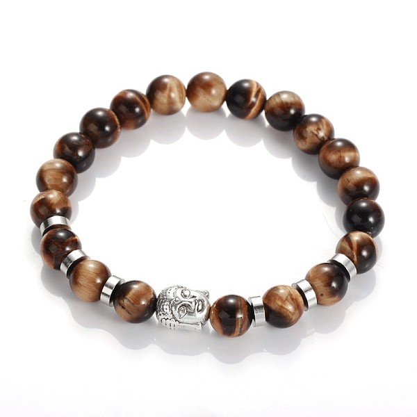 

PandaHall Buddha Head Gemstone Beaded Stretch Bracelets, with Tibetan Style Beads and Brass Beads, Tiger Eye, 55mm Tiger Eye