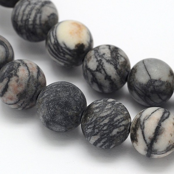 Frosted Round Natural Black Picasso Stone/Picasso Jasper Beads Strands