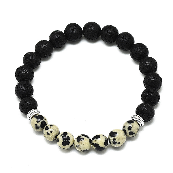 

PandaHall Natural Dalmatian Jasper Beads Stretch Bracelets, with Synthetic Lava Rock Beads and Alloy Beads, Round, Inner Diameter: 2-1/8...