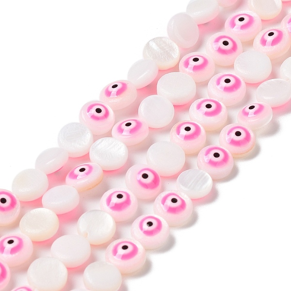 

PandaHall Natural Freshwater Shell Enamel Beads Strands, Flat Round with Evil Eye, Hot Pink, 6x3mm, Hole: 0.5mm, about 62~65pcs/strand...