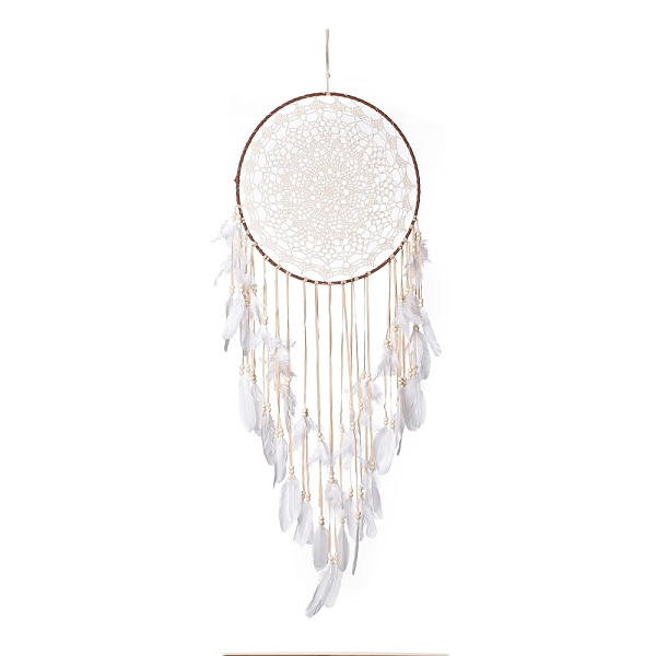 

PandaHall Handmade Round Cotton Woven Net/Web with Feather Wall Hanging Decoration, with Iron Rings, Flocking Cloth & Wooden Beads, for Home...
