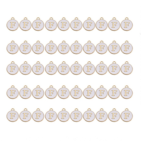 

PandaHall Golden Plated Alloy Charms, with Enamel, Enamelled Sequins, Flat Round, White, Letter.F, 14x12x2mm, Hole: 1.5mm, 50pcs/Box...