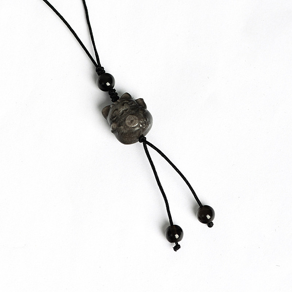 

PandaHall Natural Silver Obsidian Pendant for Mobile Phone Strap, Haging Charms Decoration, Maneki Neko, 12cm Obsidian Maneki Neko