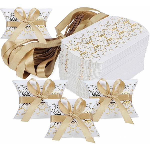 

PandaHall Paper Pillow Candy Boxes, Gift Boxes, with Ribbon, for Wedding Favors Baby Shower Birthday Party Supplies, Gold, Box: 9x6.5x2.5cm...