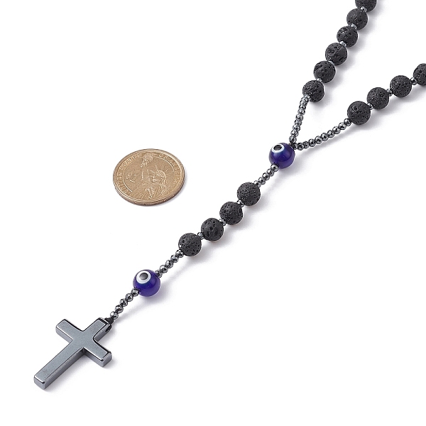 

PandaHall Natural Lava Rock & Synthetic Hematite Rosary Bead Necklaces, Cross & Lampwork Evil Eye Pendant Necklace, Blue, 28.35 inch(72cm)...
