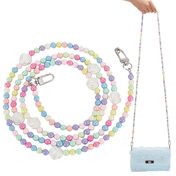 PandaHall Rainbow Macaron Color Resin Round & Rose Beaded Mobile Phone Straps, with Plastic Tether Tab & Iron Swivel Rings, Colorful, 137cm...