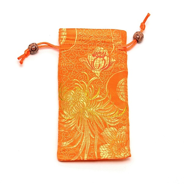 PandaHall Polyester Pouches, Drawstring Bag, with Wood Beads, Rectangle with Floral Pattern, Orange, 16~17x7.8~8x0.35cm Polyester Flower...