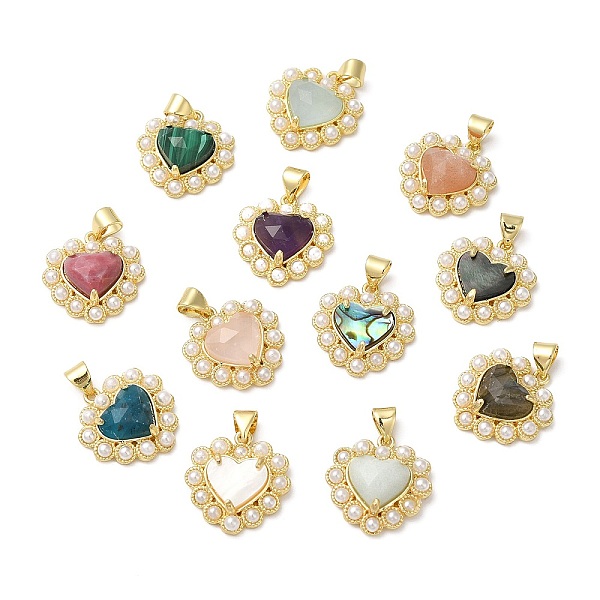 

PandaHall Natural Mixed Gemstone Heart Pendant with Plastic Pearl Beaded, with Real 14K Gold Plated Brass Findings, Heart Charms...