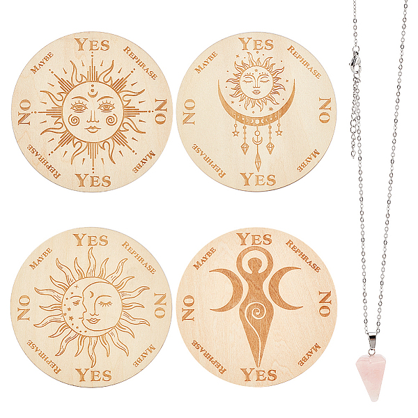 

PandaHall AHADEMAKER 4Pcs 4 Style Sun & Triple Moon Goddess Pattern Wooden Pendulum Board, 1Pc 304 Stainless Steel Cable Chain Necklaces...