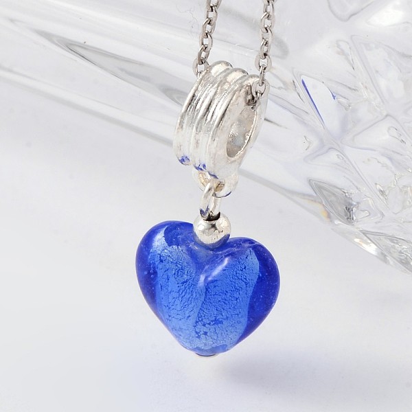 

PandaHall Heart Handmade Silver Foil Lampwork European Dangle Charms, with Silver Color Plated Alloy Findings and Iron Spacer Beads, Blue...