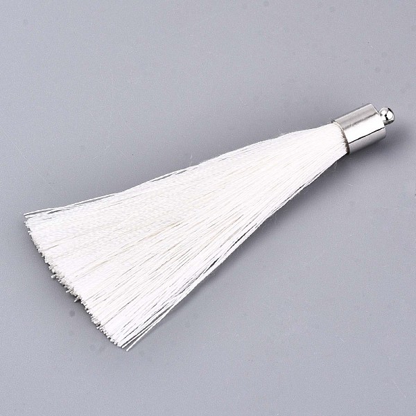 

PandaHall Fiber Tassel Big Pendant Decorations, with Platinum Plated Brass Finding, White, 70~73x7~25mm, Hole: 1.8mm Fibre White