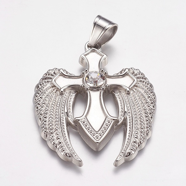 

PandaHall 304 Stainless Steel Pendants, with Rhinestone, Wing with Cross, Stainless Steel Color, 39x49x5mm, Hole: 7x9mm Stainless...
