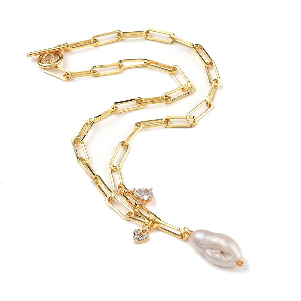 

PandaHall Natural Baroque Pearl Keshi Pearl Pendant Necklaces, with Heart & teardrop, Brass Cubic Zirconia Charms, Real 18K Gold Plated...